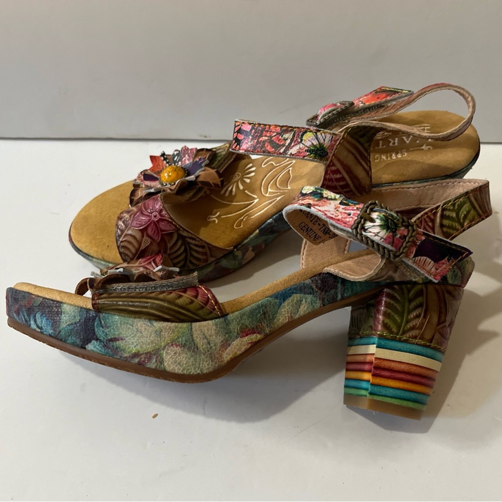 L'ARTISTE SPRING STEP LELANIE Leather Floral Platform Heels Slingback Sandal 39 - Picture 9 of 16